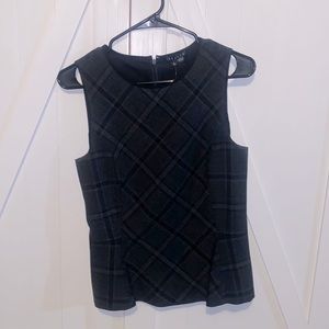 Theory Navy Blue Stretch Wool Plaid Peplum Sleeveless Blouse